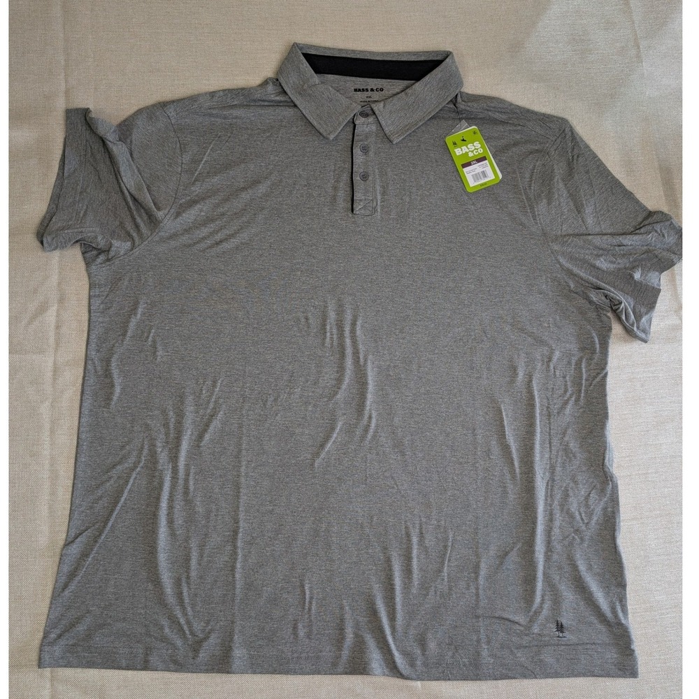 Bass & Co Performance Polo Mens 2XL Heather Grey NWT Short Sleeve Stretch